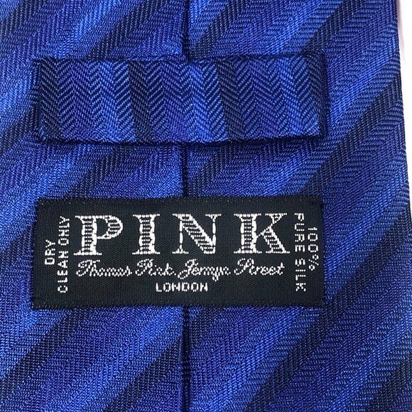 THOMAS PINK Vintage Tie Made in Morocco 100% Silk Blue Striped - Picture 4 of 8
